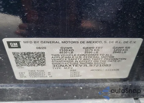 2020 Chevrolet Equinox Lt из США, поврежденный, VIN 3GNAXTEV3LS721083